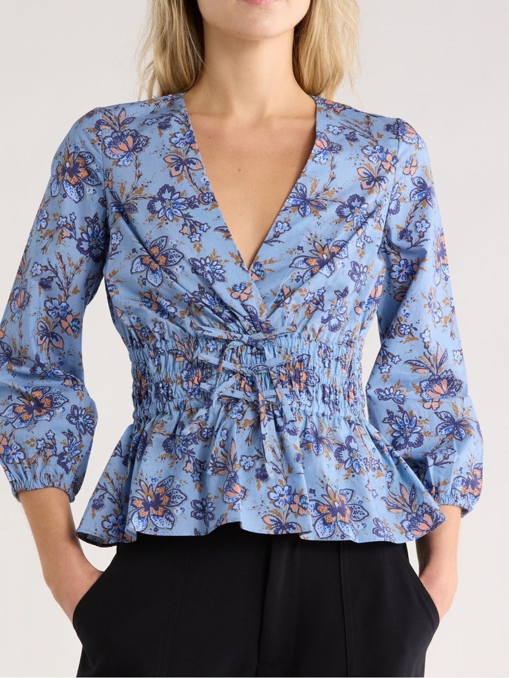 NWT 10 Crosby Derek Lam Blue Floral Smocked Peplum Blouse